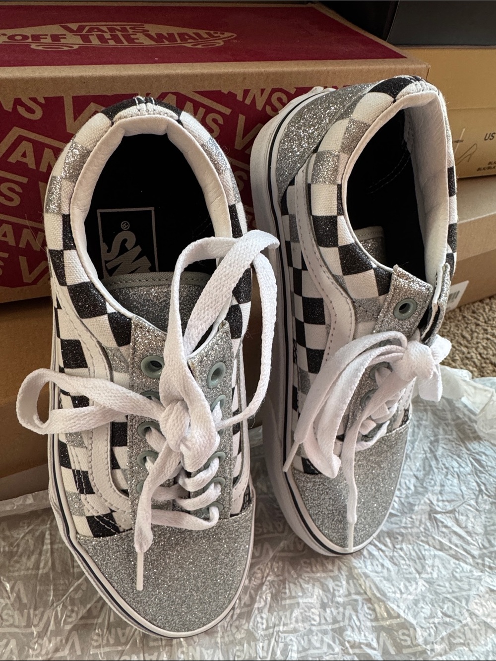 Vans Women’s US 6.5 Checkerboard Glitter Old Skool Sneakers - Silver/Black/White